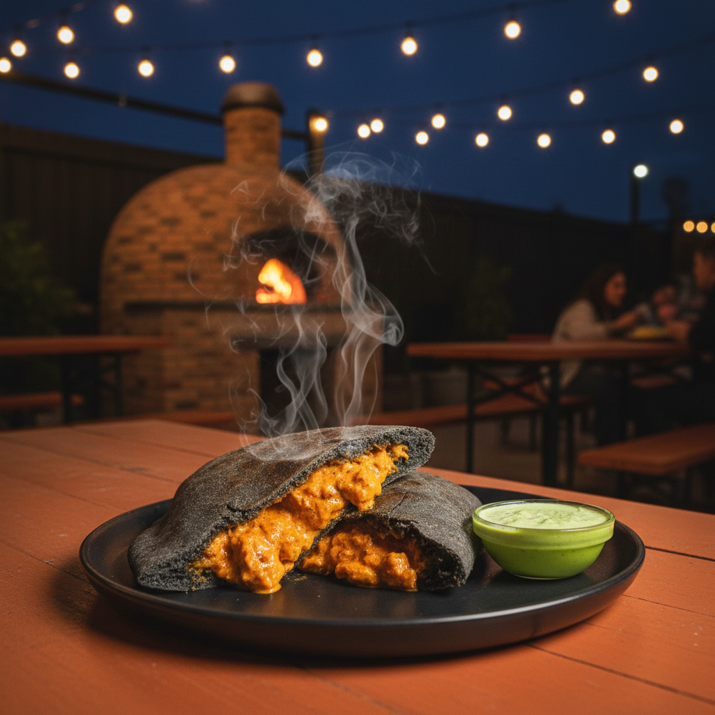 A golden-brown brick oven pizza pocket on a rustic table under warm string lights at an outdoor Tampa restaurant at night.