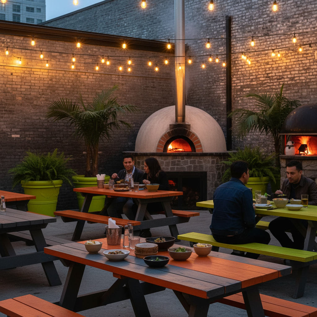 A vibrant outdoor dining area at night with string lights, orange picnic tables, and a brick oven under the Tampa sky.