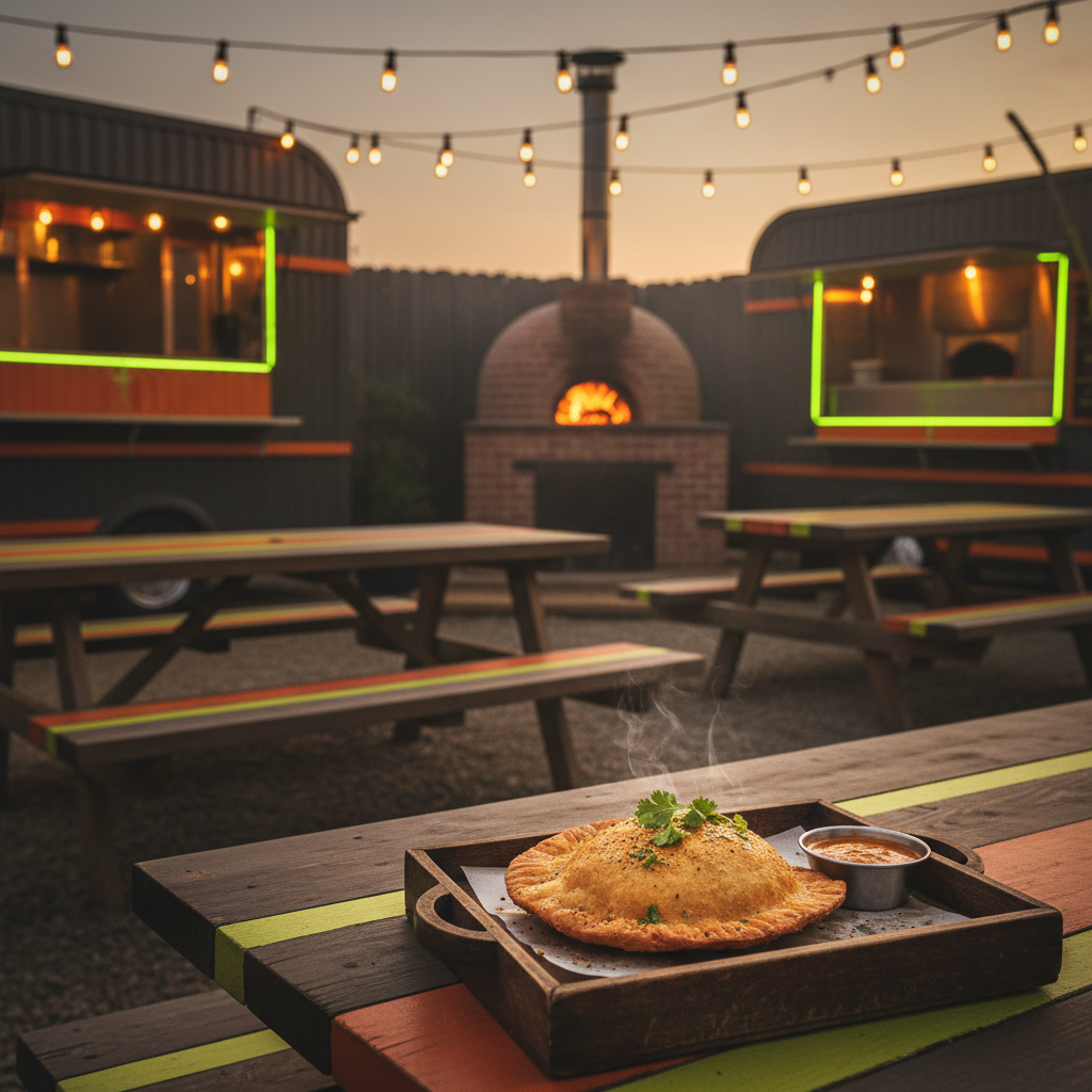 A vibrant outdoor dining area at night featuring orange picnic tables, string lights, and a modern food truck serving Indian fusion.
