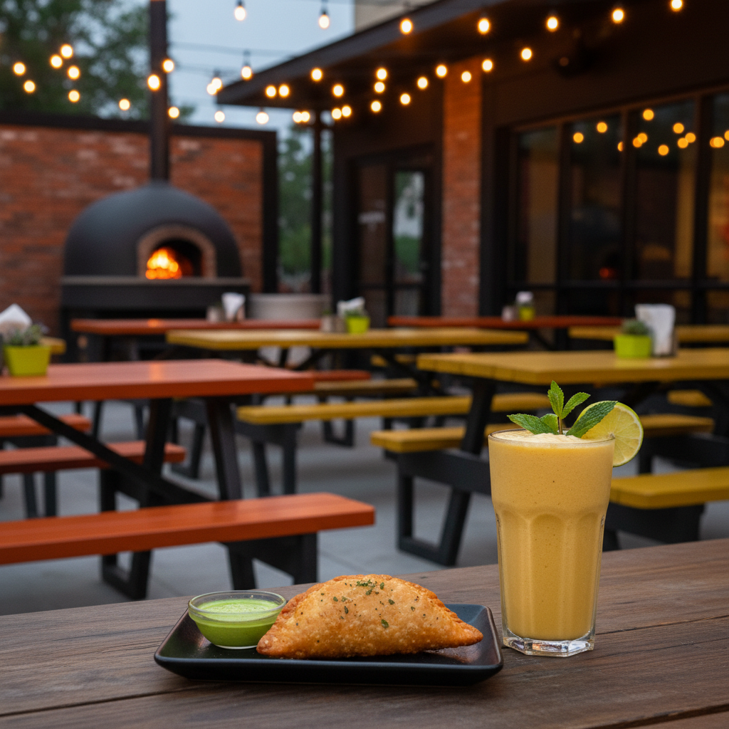 An overhead shot of a vibrant outdoor patio in Tampa with orange picnic tables, string lights, and Indian fusion Lifafas.