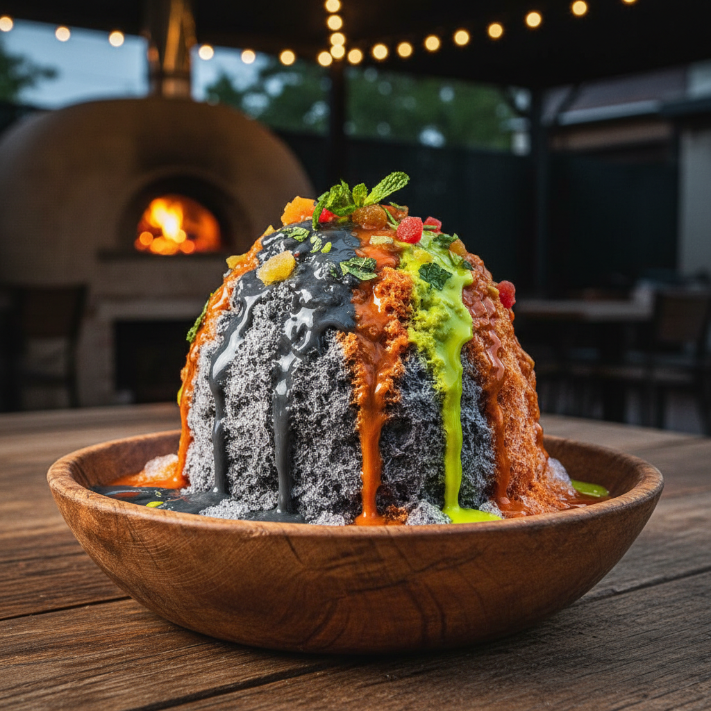 A close-up shot of vibrant Indian shaved ice in a bowl set against a backdrop of orange picnic tables and string lights.