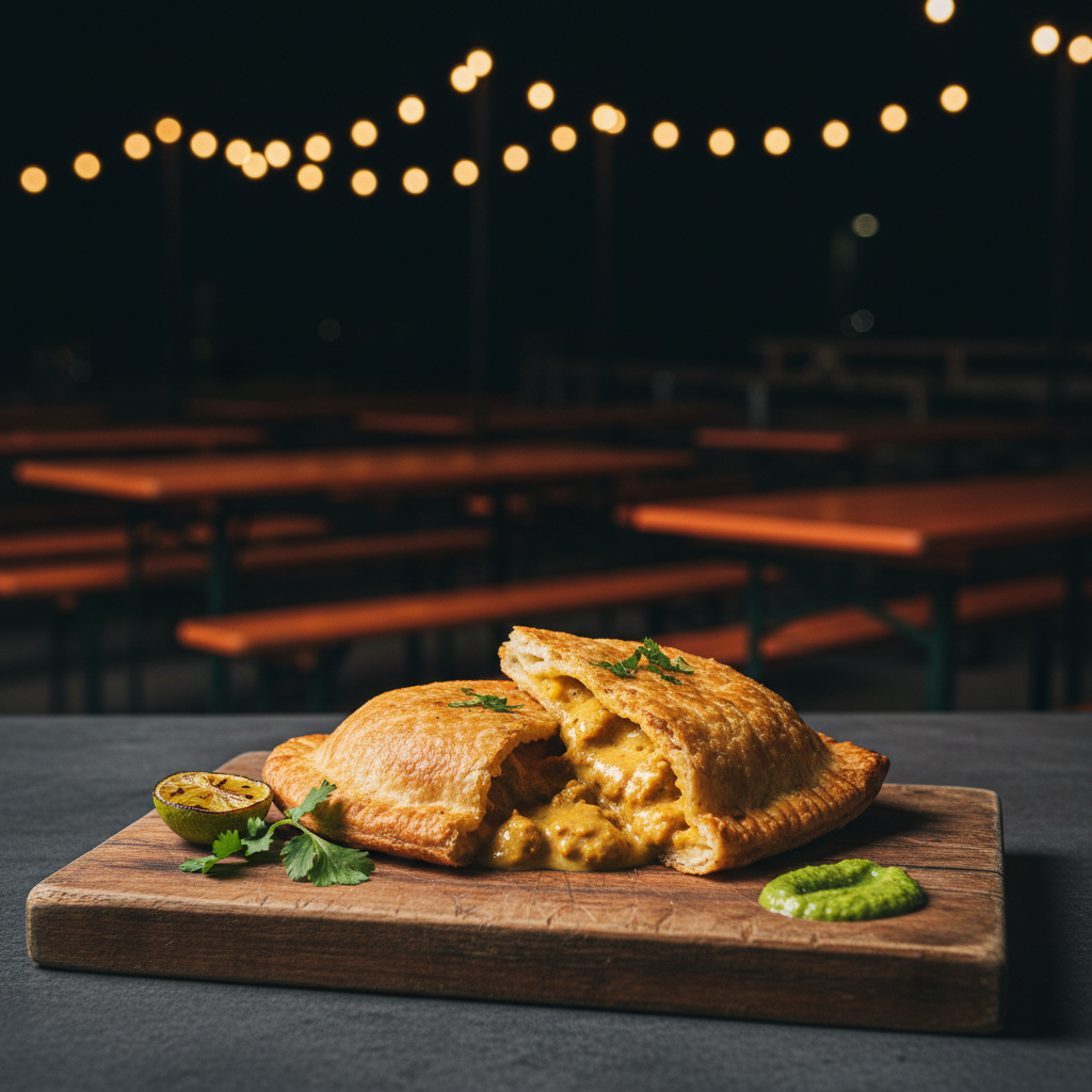 An outdoor dining scene at night with orange picnic tables, string lights, and a fresh butter chicken Lifafa pocket.