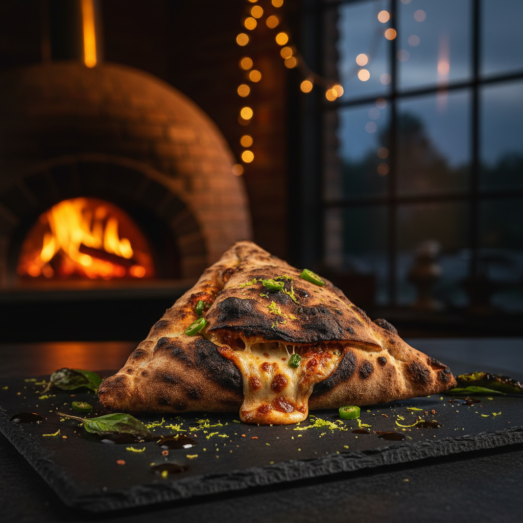A golden-brown brick oven lifafa sliced open on a rustic tray at an outdoor restaurant with string lights.